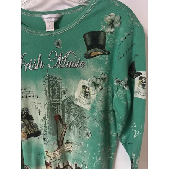 Christopher & Banks Women's Size L Irish Theme Cotton 3/4 Sleeve Cotton Shirt - Picture 3 of 15